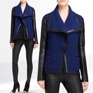 VINCE Wool Blend Moto Leather Knit Jacket Wide Lapel Coat Raw Trim Drape Blue